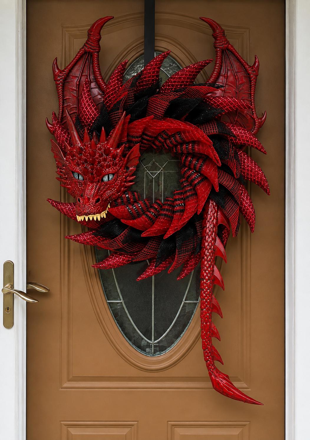 Handmade Red and Black Dragon Wreath, Fantasy Decor, Motorcycle Rider Gift, Smoky Mountain Art, Dragon Lover Gift