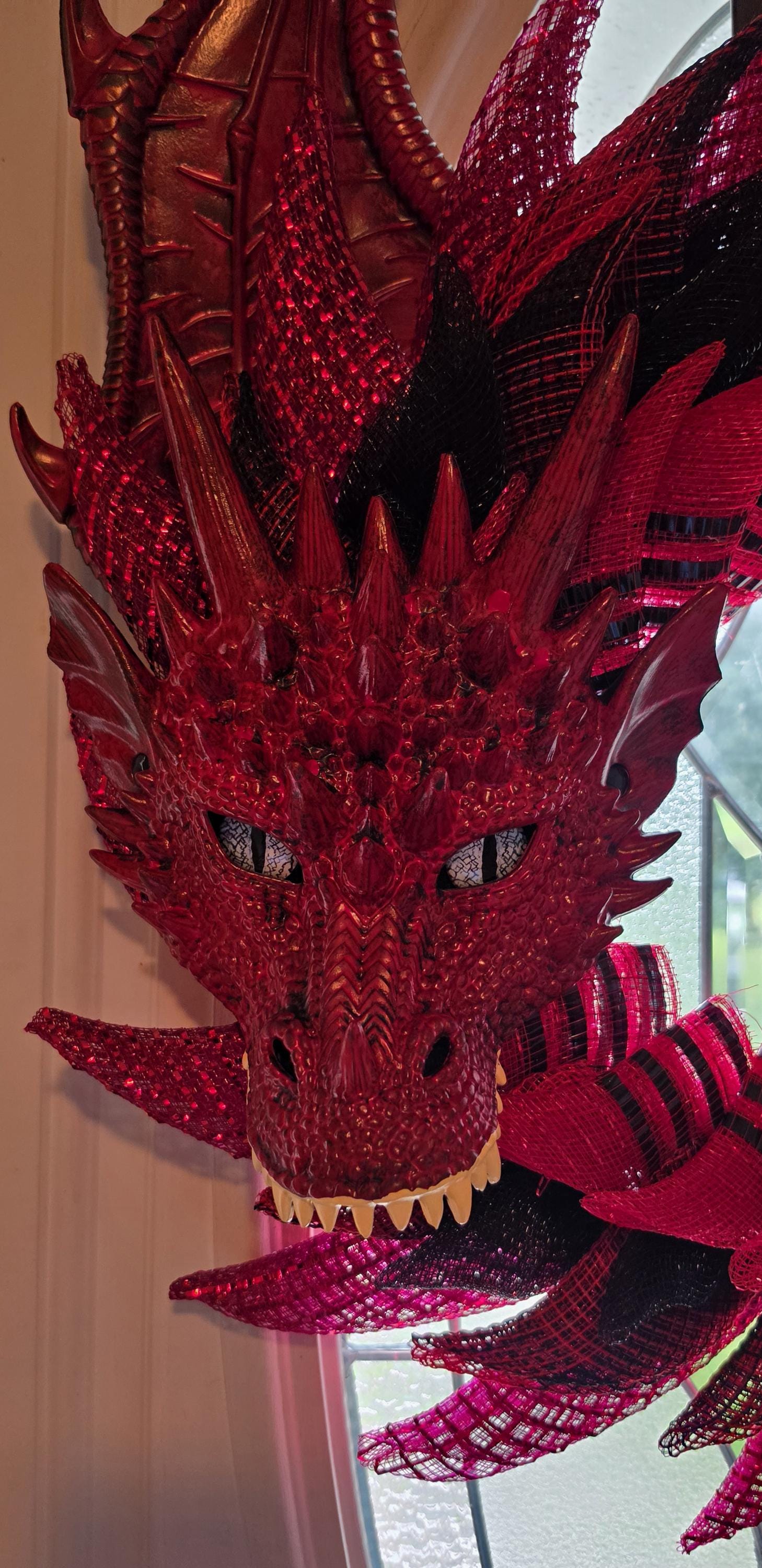 Handmade Red and Black Dragon Wreath, Fantasy Decor, Motorcycle Rider Gift, Smoky Mountain Art, Dragon Lover Gift