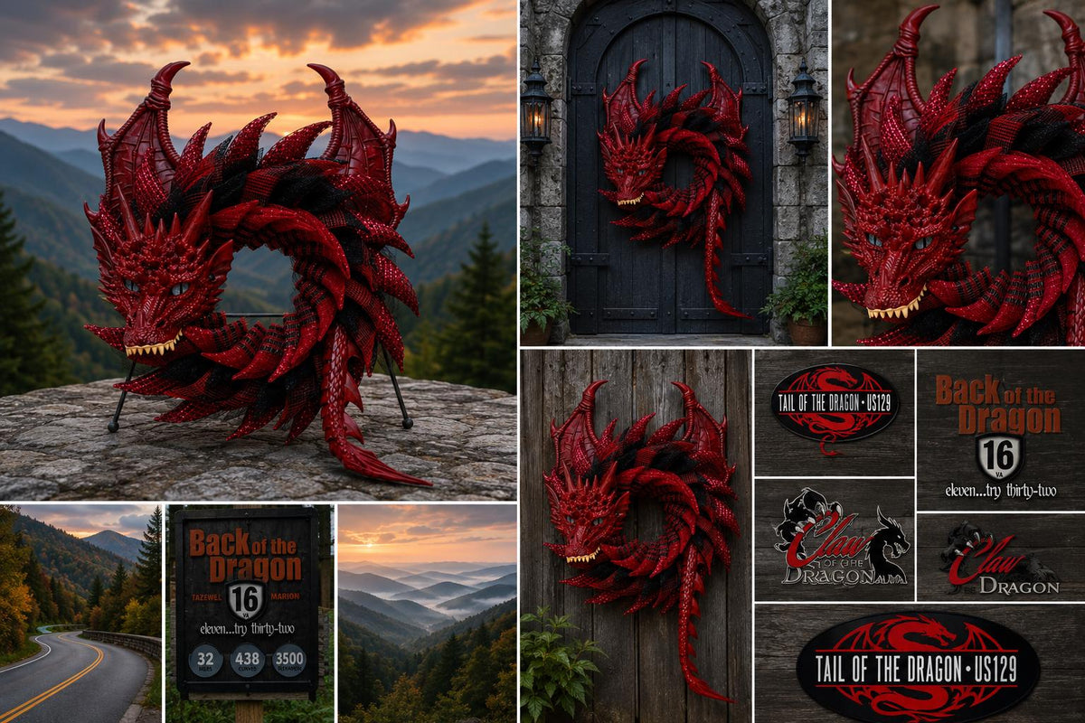 Handmade Red and Black Dragon Wreath, Fantasy Decor, Motorcycle Rider Gift, Smoky Mountain Art, Dragon Lover Gift
