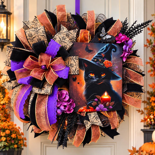 Victorian Black Cat Halloween Wreath, Lady Salem Gothic Witch Decor, Handmade Halloween Door Wreath, Year Round Gothic Home Decor