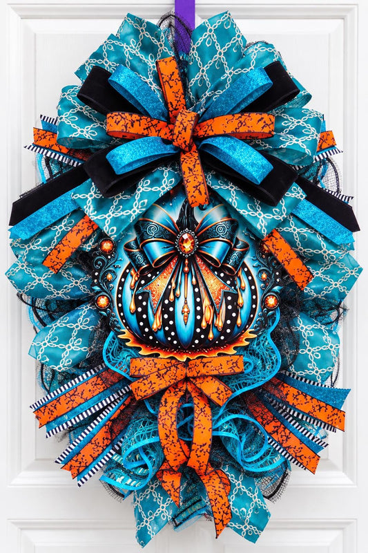Glam Teal Pumpkin Halloween Door Swag, Handmade Deco Mesh Wreath, Teal Orange Black Fall Door Decor, Whimsical Pumpkin Decoration