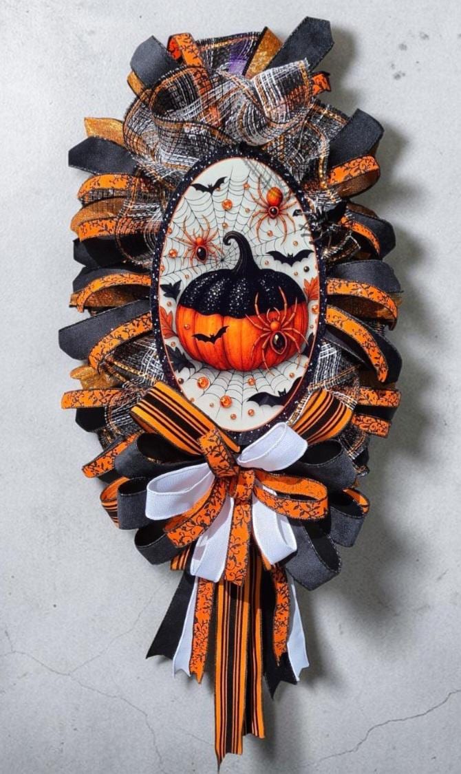 Halloween Glam Pumpkin Door Swag, Orange and Black Spider Wreath, Handmade Halloween Front Door Decor, Oval Halloween Wreath