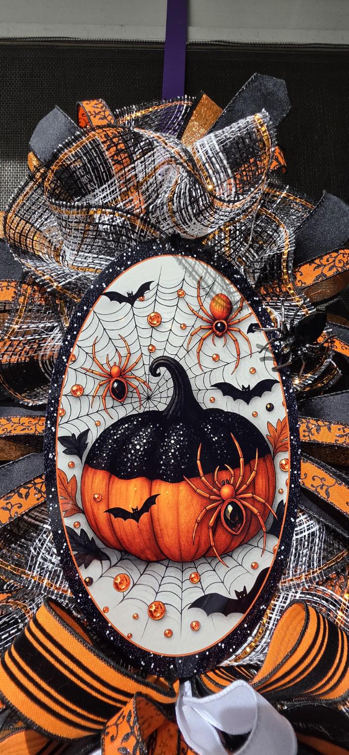 Halloween Glam Pumpkin Door Swag, Orange and Black Spider Wreath, Handmade Halloween Front Door Decor, Oval Halloween Wreath