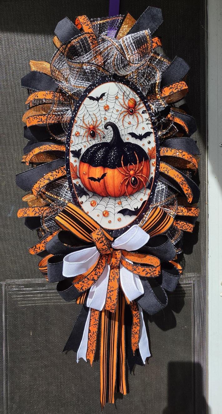 Halloween Glam Pumpkin Door Swag, Orange and Black Spider Wreath, Handmade Halloween Front Door Decor, Oval Halloween Wreath
