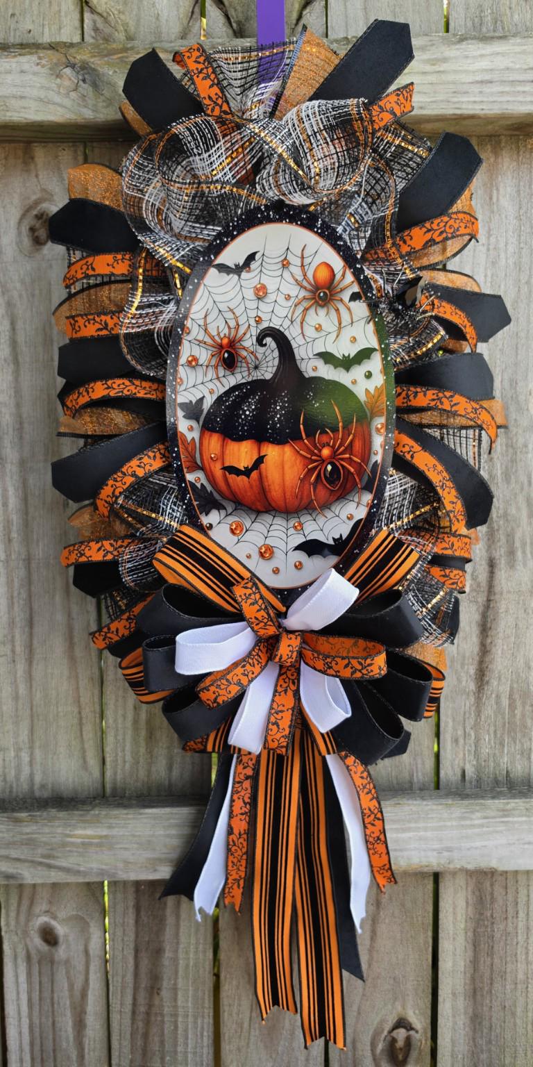 Halloween Glam Pumpkin Door Swag, Orange and Black Spider Wreath, Handmade Halloween Front Door Decor, Oval Halloween Wreath