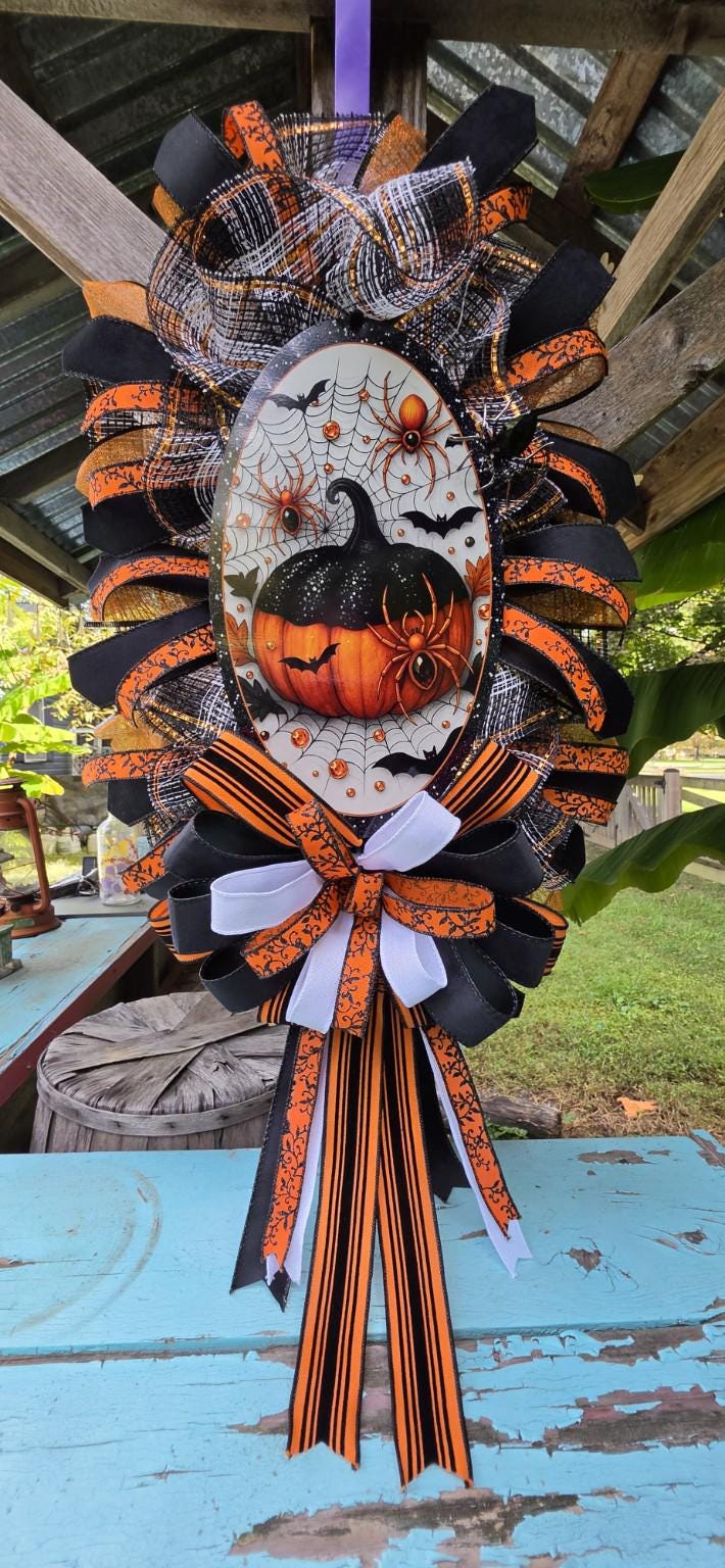 Halloween Glam Pumpkin Door Swag, Orange and Black Spider Wreath, Handmade Halloween Front Door Decor, Oval Halloween Wreath