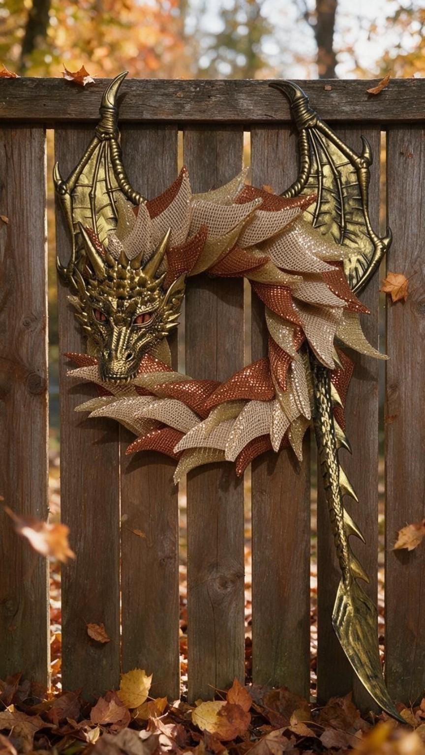 Autumn Dragon Wreath | Copper & Champagne Gold Fall Dragon | Handmade Fantasy Door Decor | Dragon Lover Gift