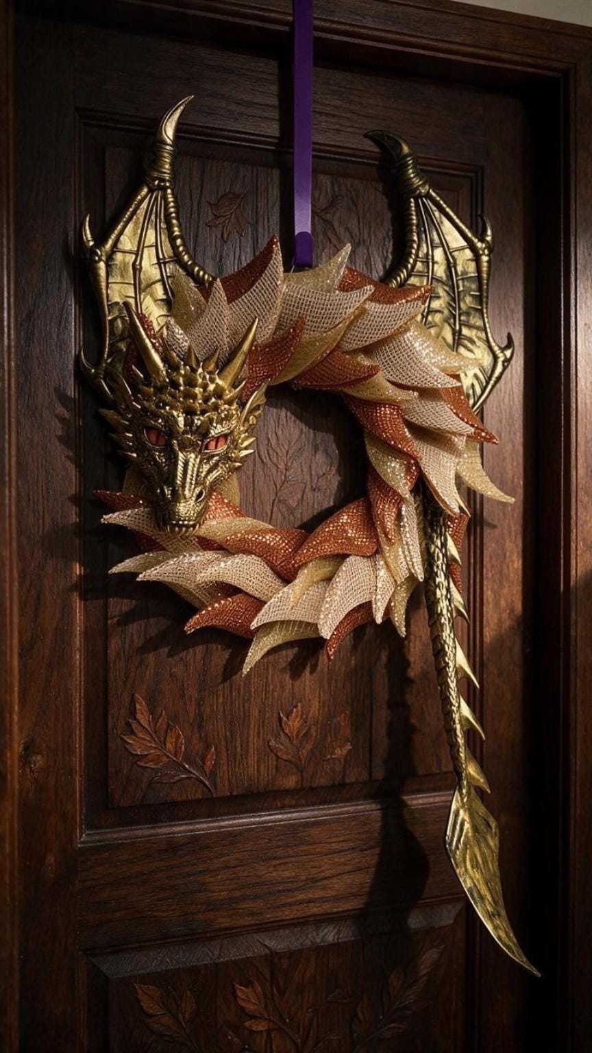Autumn Dragon Wreath | Copper & Champagne Gold Fall Dragon | Handmade Fantasy Door Decor | Dragon Lover Gift