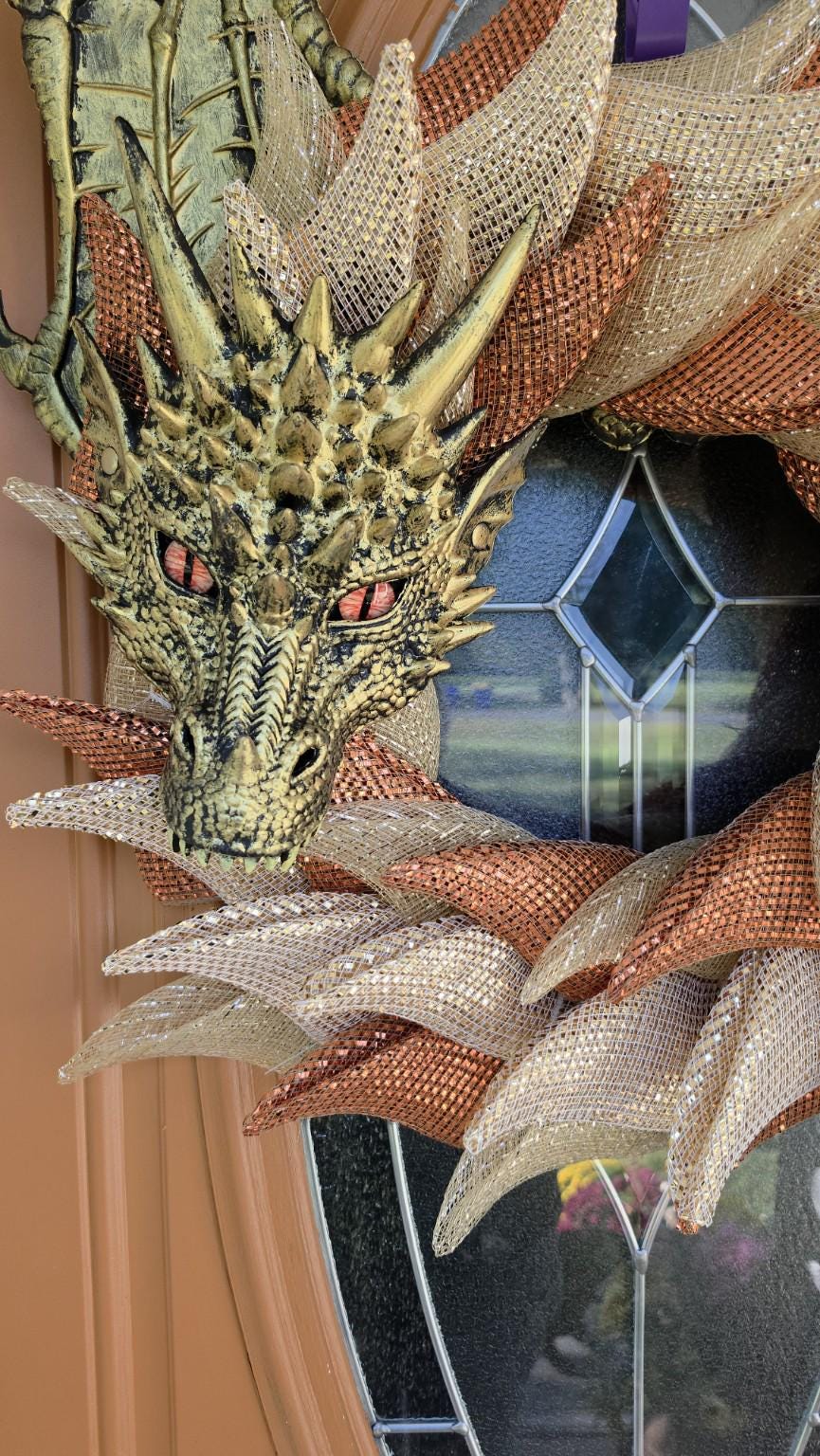 Autumn Dragon Wreath | Copper & Champagne Gold Fall Dragon | Handmade Fantasy Door Decor | Dragon Lover Gift
