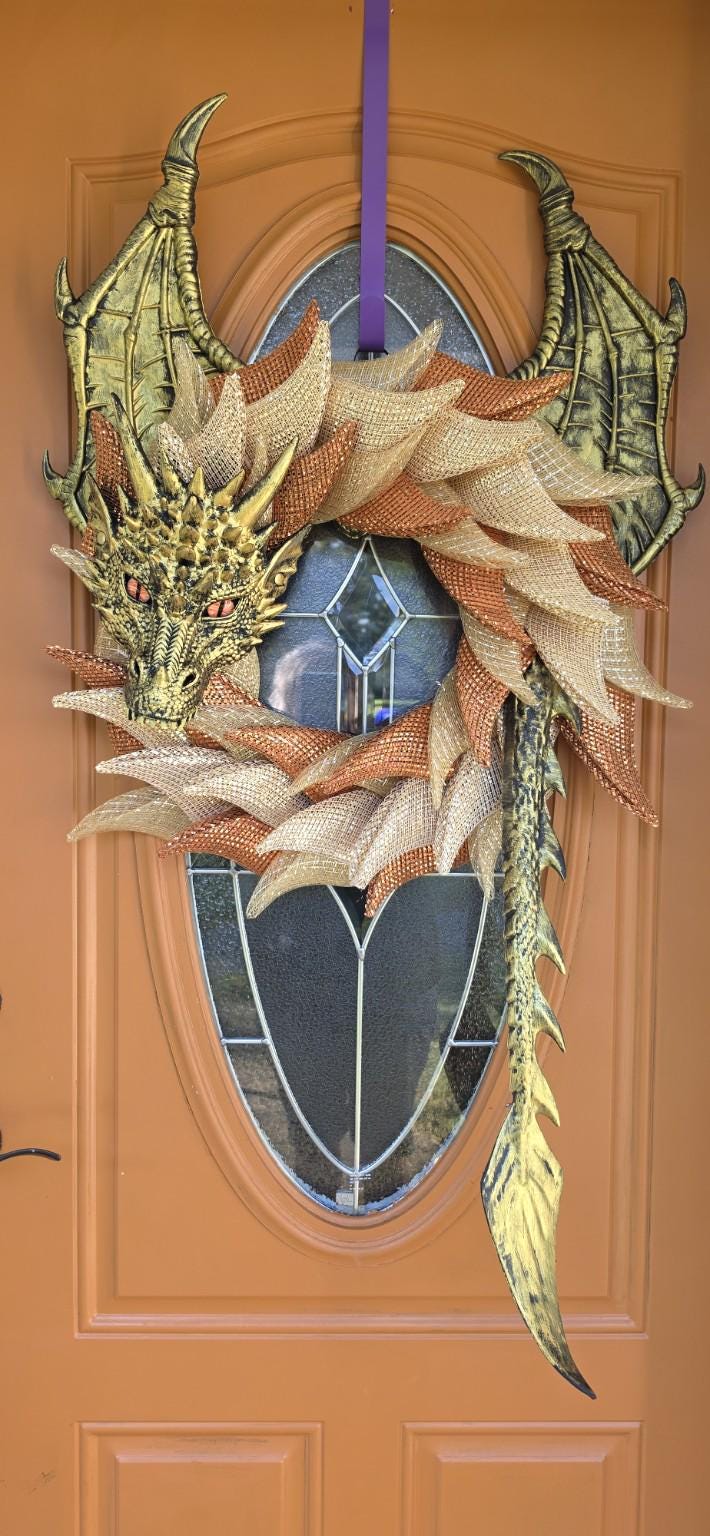 Autumn Dragon Wreath | Copper & Champagne Gold Fall Dragon | Handmade Fantasy Door Decor | Dragon Lover Gift