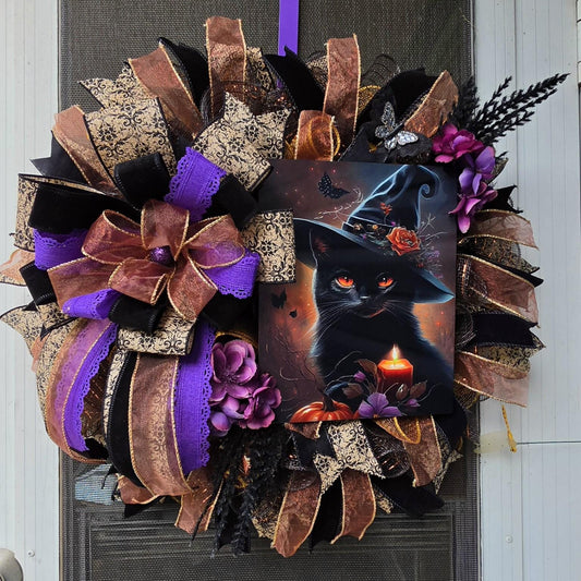 Victorian Black Cat Halloween Wreath, Lady Salem Gothic Witch Decor, Handmade Halloween Door Wreath, Year Round Gothic Home Decor