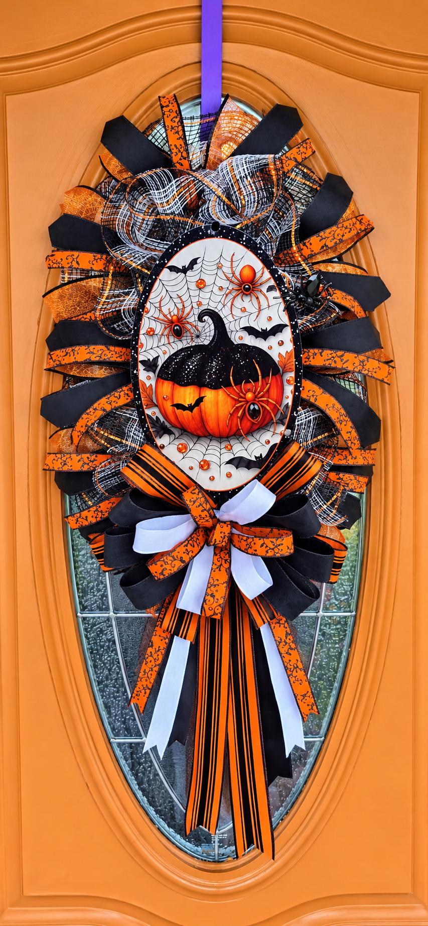 Halloween Glam Pumpkin Door Swag, Orange and Black Spider Wreath, Handmade Halloween Front Door Decor, Oval Halloween Wreath