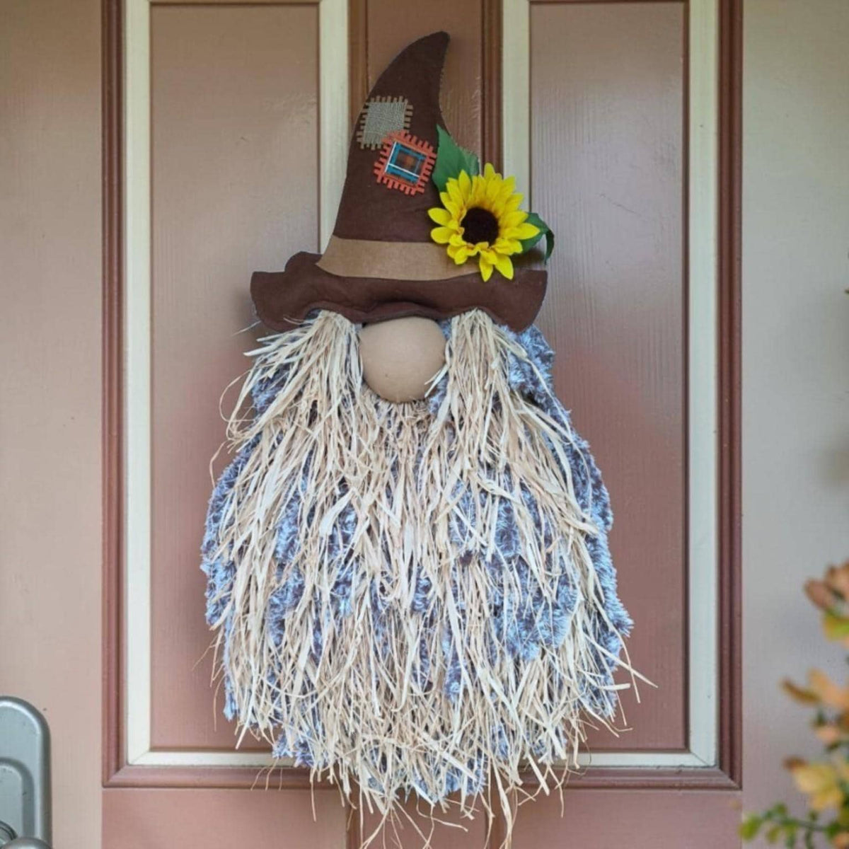 Handmade Fall Scarecrow Gnome Door Hanger, Rustic Brown Hat Sunflower, Country Farmhouse Decor