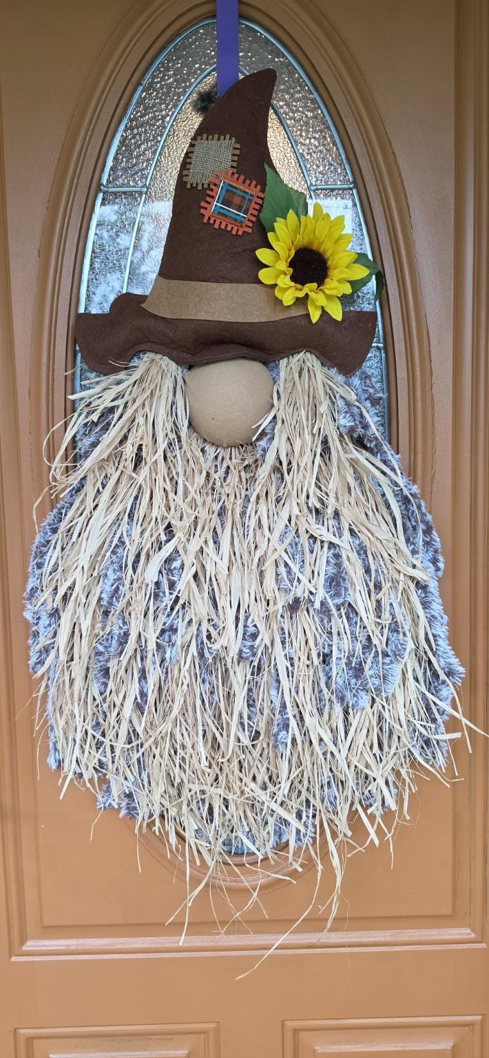 Handmade Fall Scarecrow Gnome Door Hanger, Rustic Brown Hat Sunflower, Country Farmhouse Decor