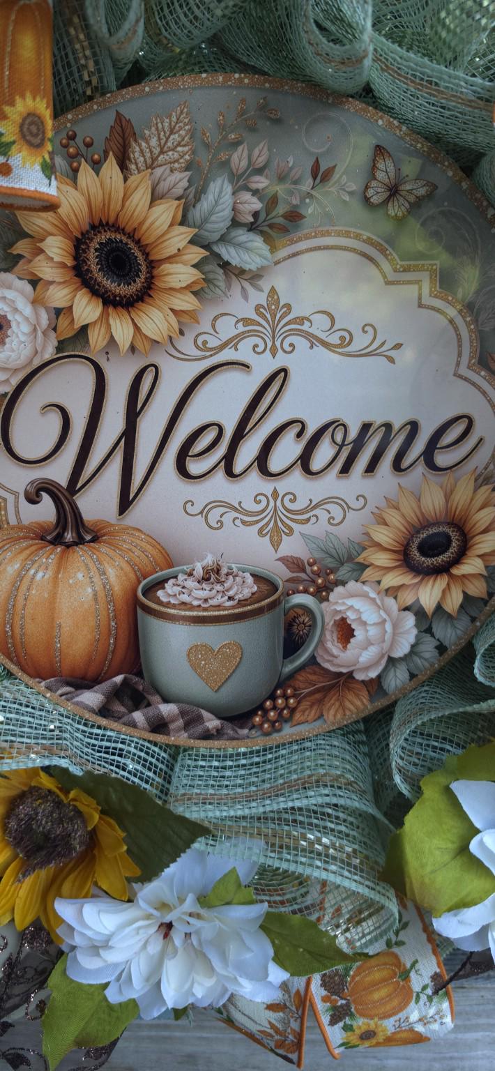 Handmade Welcome Wreath with Sunflowers and Pumpkins, Pumpkin Spice Fall Decor, Glam Door Decor