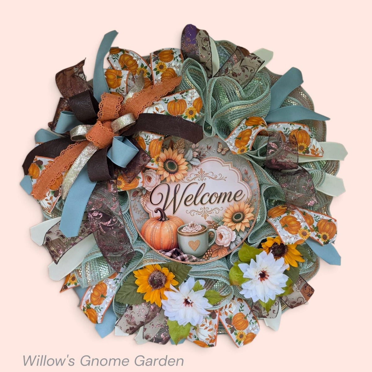 Handmade Welcome Wreath with Sunflowers and Pumpkins, Pumpkin Spice Fall Decor, Glam Door Decor