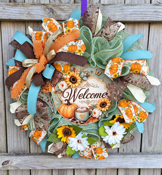 Handmade Welcome Wreath with Sunflowers and Pumpkins, Pumpkin Spice Fall Decor, Glam Door Decor