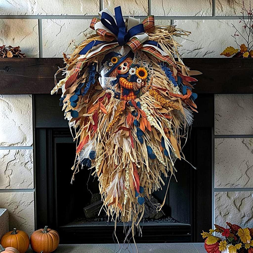 Handmade Scarecrow Teardrop Swag | Farmhouse Autumn Door Decor | Cascading natural Raffia Wreath
