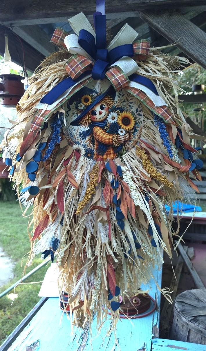 Handmade Scarecrow Teardrop Swag | Farmhouse Autumn Door Decor | Cascading natural Raffia Wreath