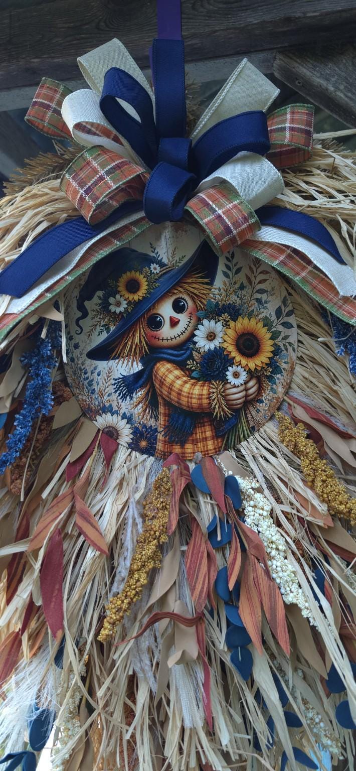 Handmade Scarecrow Teardrop Swag | Farmhouse Autumn Door Decor | Cascading natural Raffia Wreath