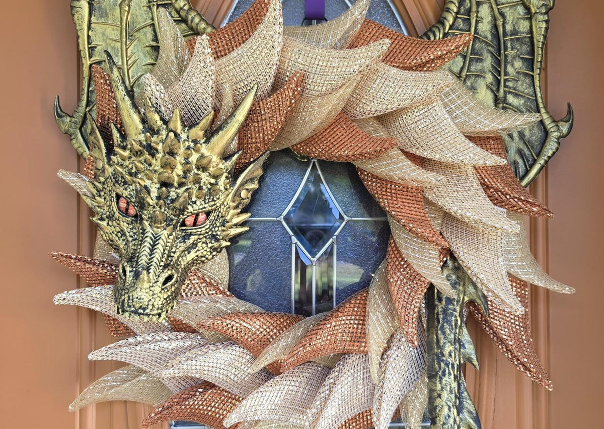 Autumn Dragon Wreath | Copper & Champagne Gold Fall Dragon | Handmade Fantasy Door Decor | Dragon Lover Gift