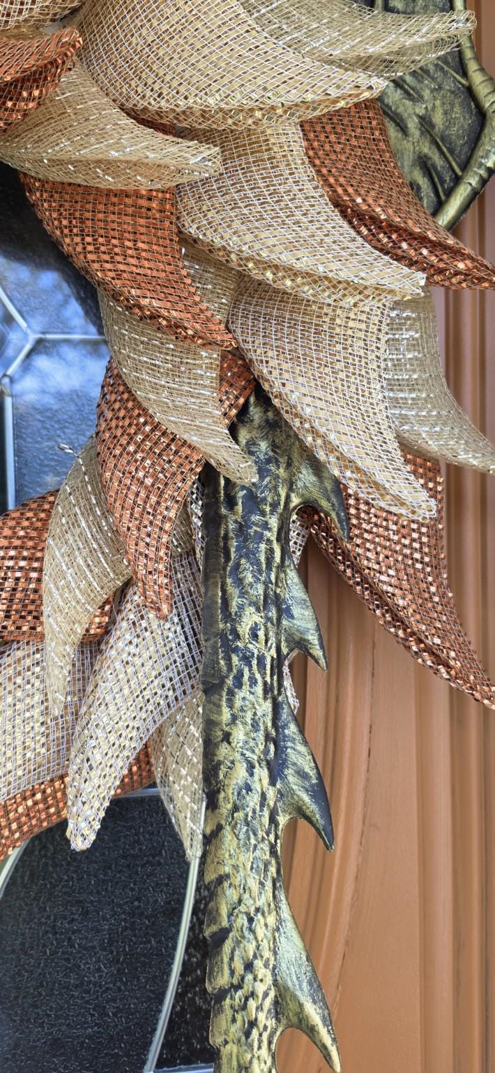 Autumn Dragon Wreath | Copper & Champagne Gold Fall Dragon | Handmade Fantasy Door Decor | Dragon Lover Gift