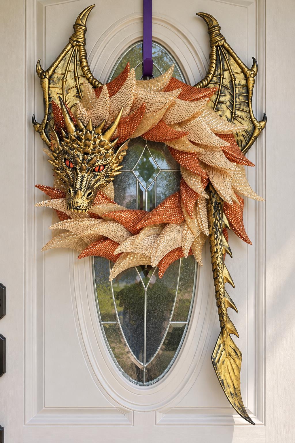 Autumn Dragon Wreath | Copper & Champagne Gold Fall Dragon | Handmade Fantasy Door Decor | Dragon Lover Gift