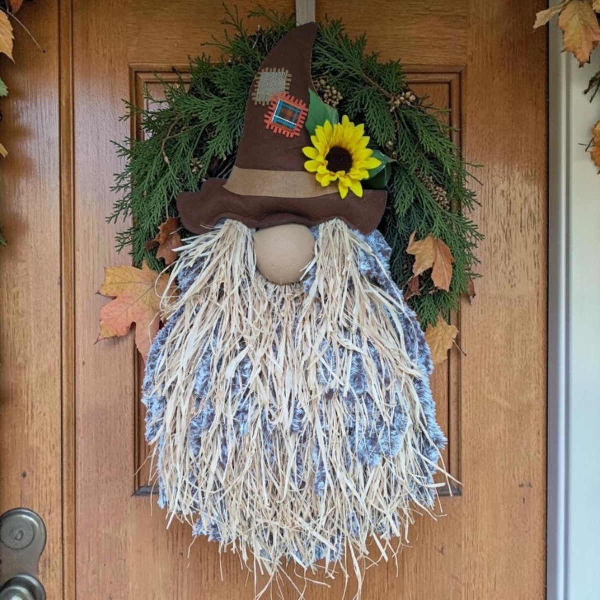 Handmade Fall Scarecrow Gnome Door Hanger, Rustic Brown Hat Sunflower, Country Farmhouse Decor