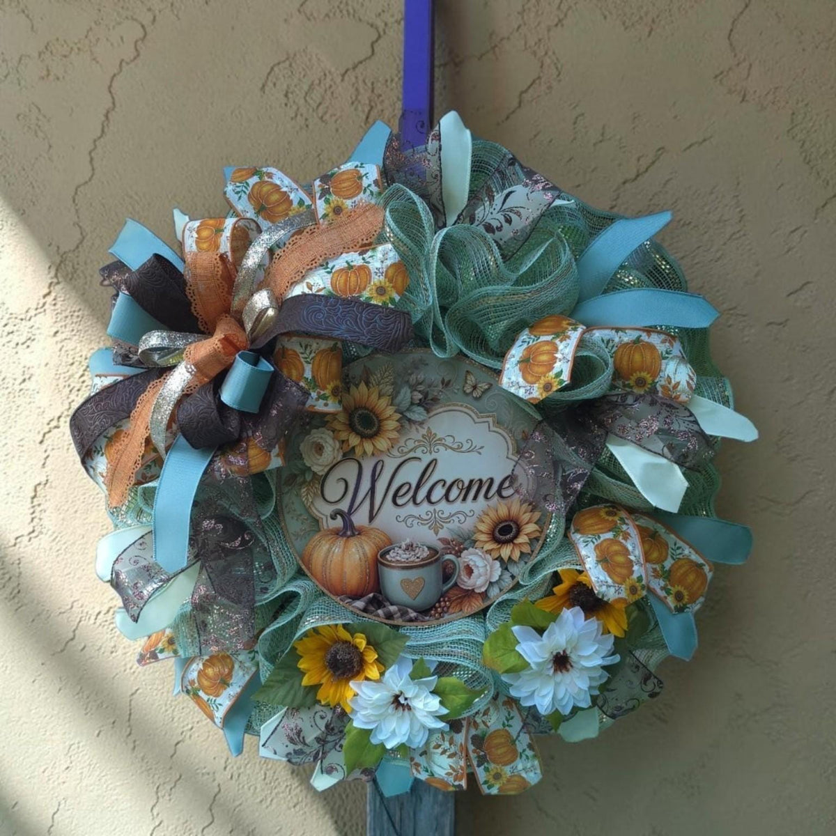 Handmade Welcome Wreath with Sunflowers and Pumpkins, Pumpkin Spice Fall Decor, Glam Door Decor