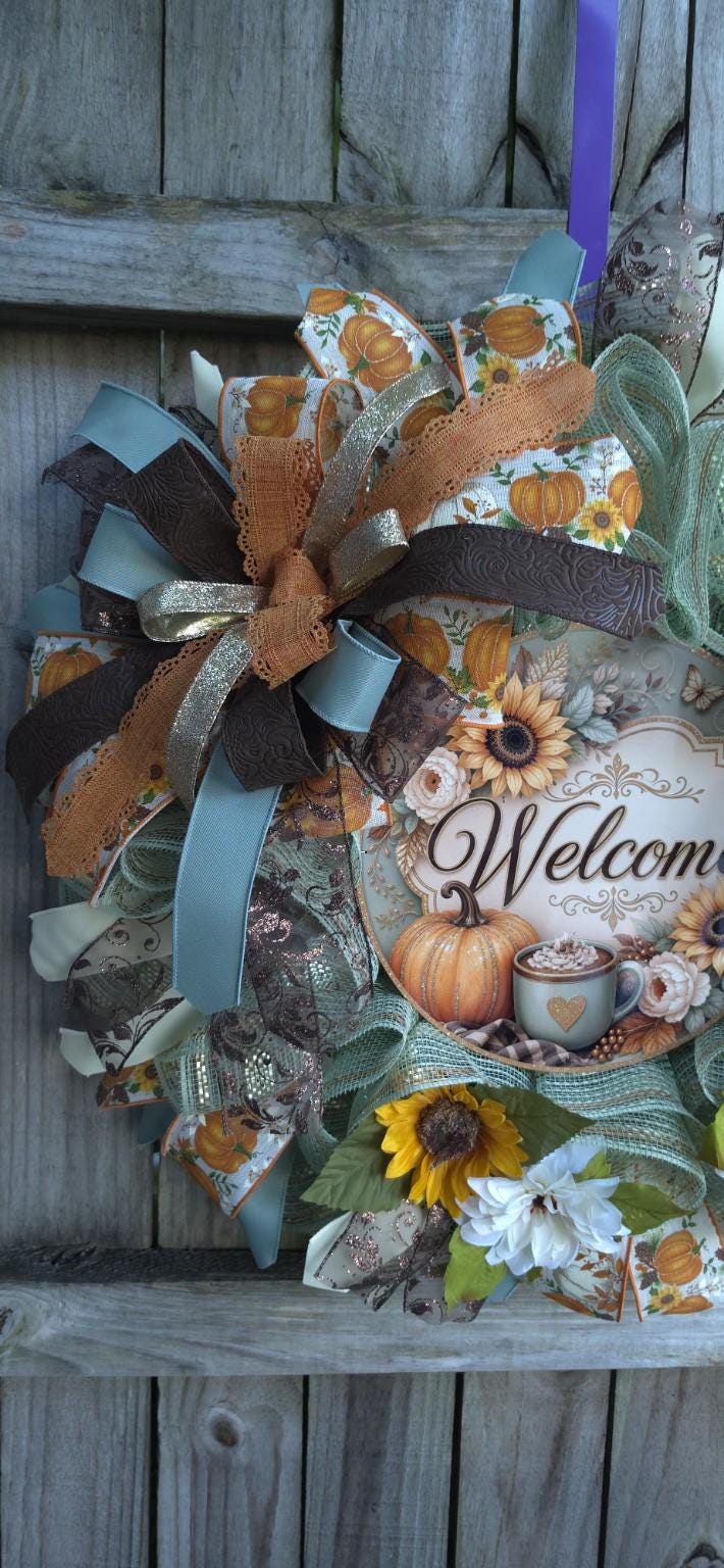 Handmade Welcome Wreath with Sunflowers and Pumpkins, Pumpkin Spice Fall Decor, Glam Door Decor