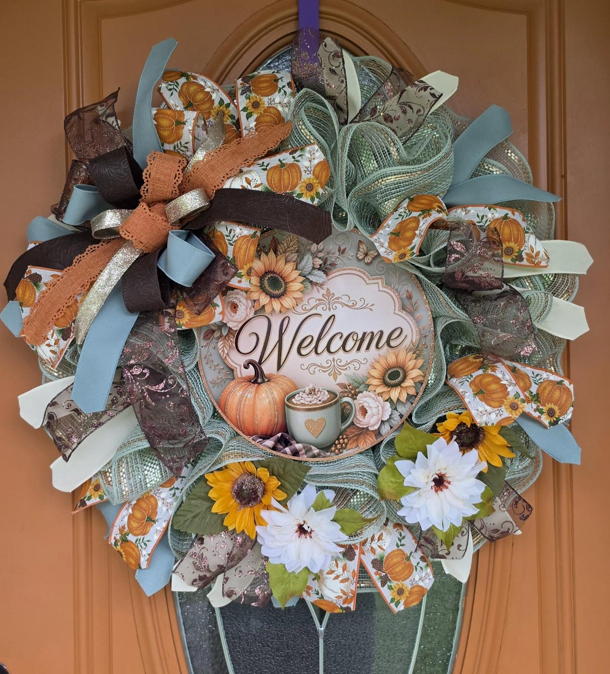 Handmade Welcome Wreath with Sunflowers and Pumpkins, Pumpkin Spice Fall Decor, Glam Door Decor