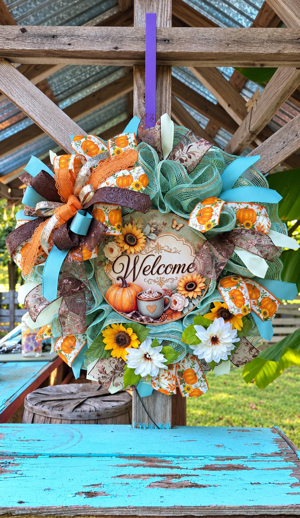 Handmade Welcome Wreath with Sunflowers and Pumpkins, Pumpkin Spice Fall Decor, Glam Door Decor