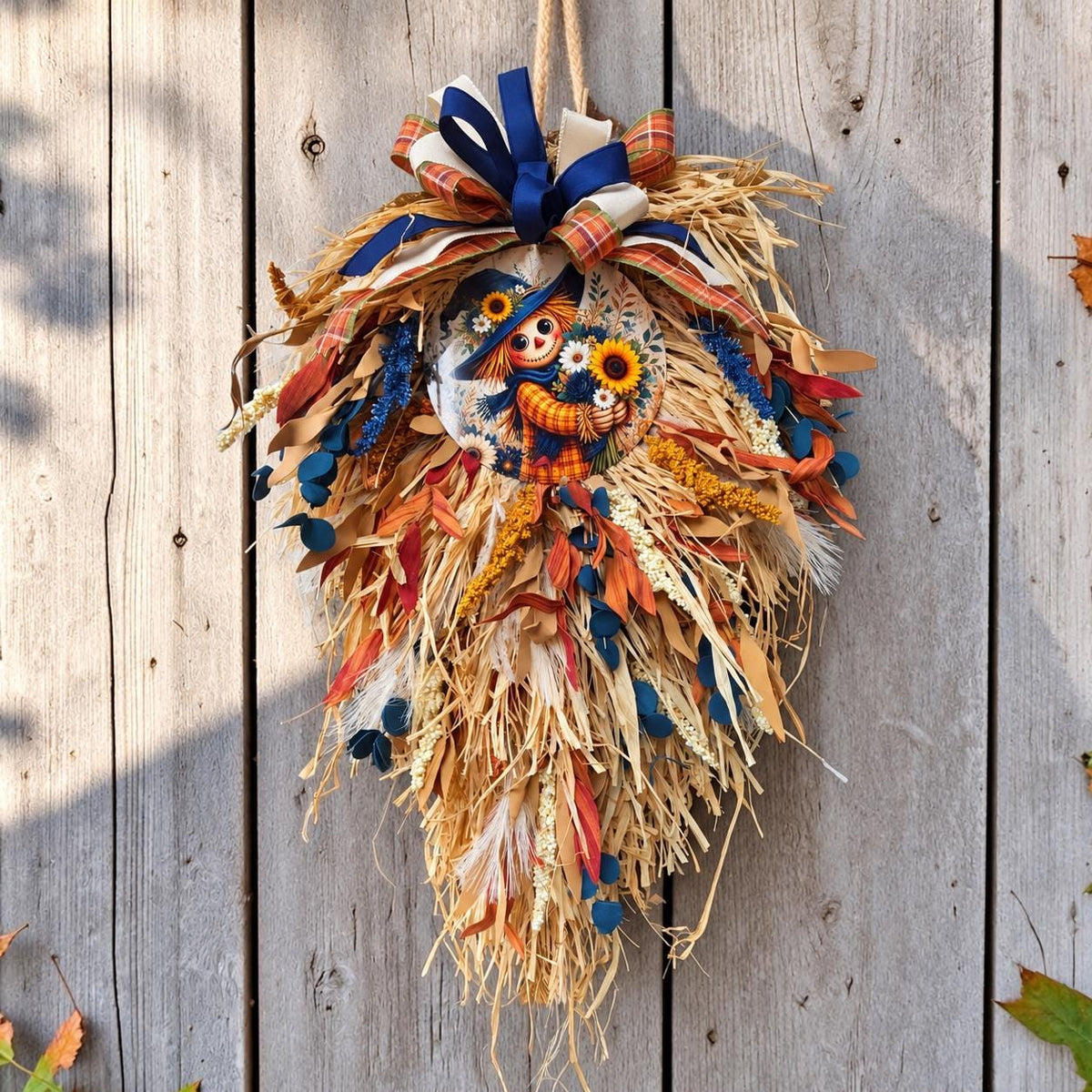 Handmade Scarecrow Teardrop Swag | Farmhouse Autumn Door Decor | Cascading natural Raffia Wreath