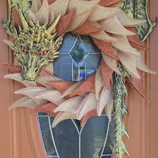 Autumn Dragon Wreath | Copper & Champagne Gold Fall Dragon | Handmade Fantasy Door Decor | Dragon Lover Gift