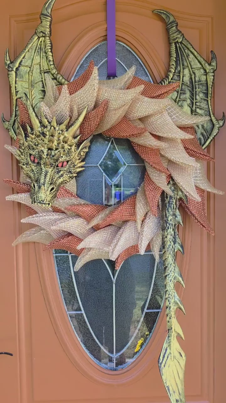 Autumn Dragon Wreath | Copper & Champagne Gold Fall Dragon | Handmade Fantasy Door Decor | Dragon Lover Gift